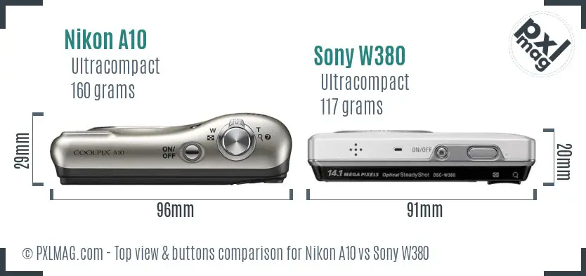 Nikon A10 vs Sony W380 top view buttons comparison