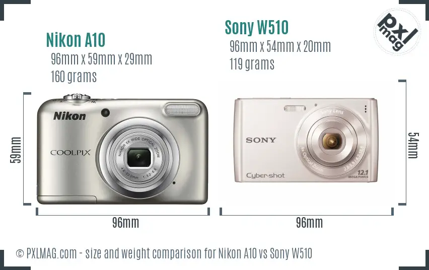 Nikon A10 vs Sony W510 size comparison