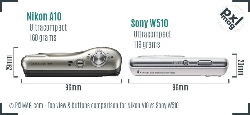 Nikon A10 vs Sony W510 top view buttons comparison