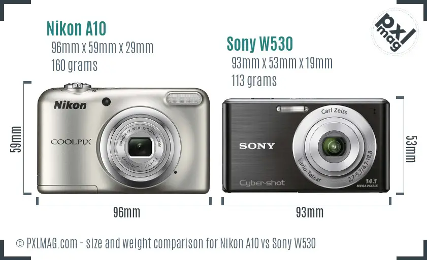 Nikon A10 vs Sony W530 size comparison