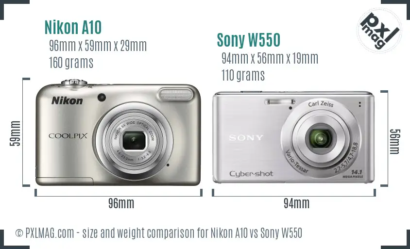 Nikon A10 vs Sony W550 size comparison