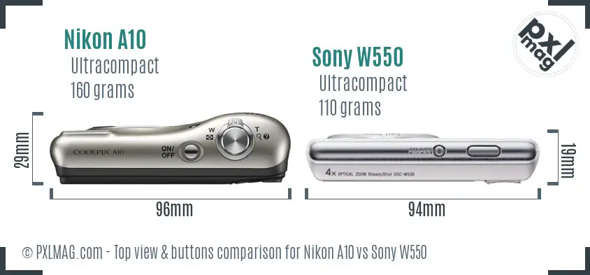 Nikon A10 vs Sony W550 top view buttons comparison