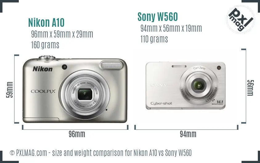 Nikon A10 vs Sony W560 size comparison