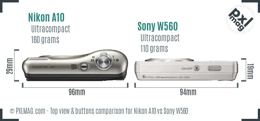 Nikon A10 vs Sony W560 top view buttons comparison