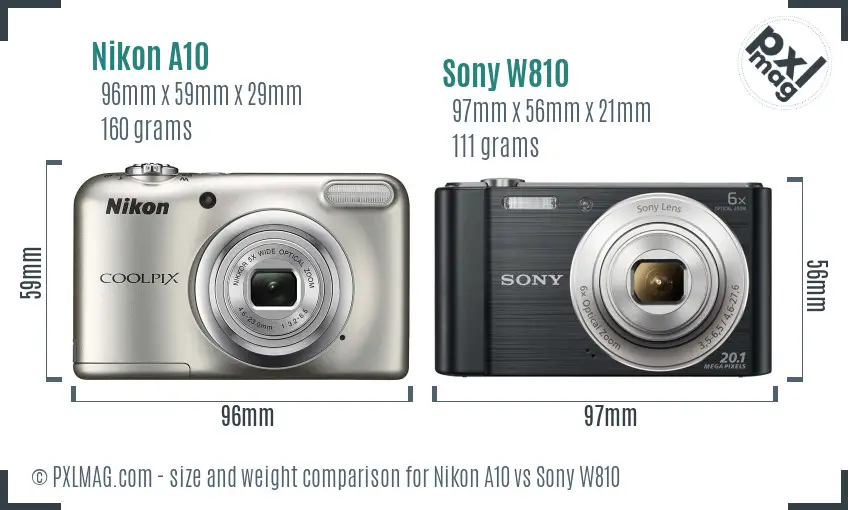 Nikon A10 vs Sony W810 size comparison