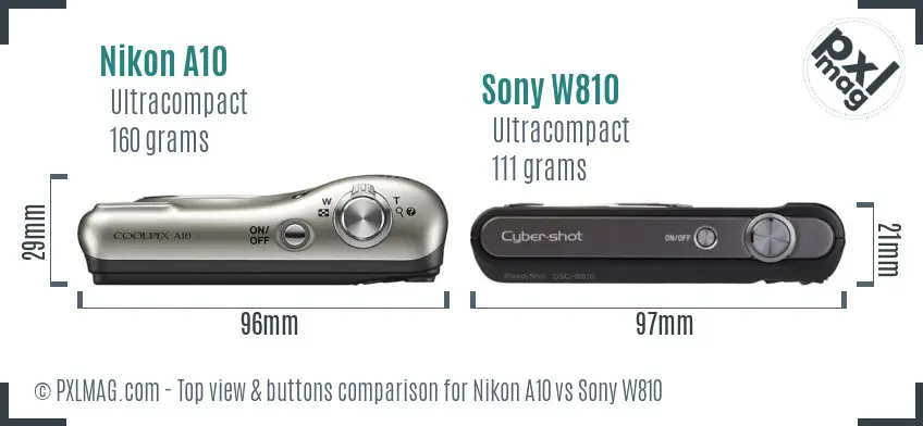 Nikon A10 vs Sony W810 top view buttons comparison