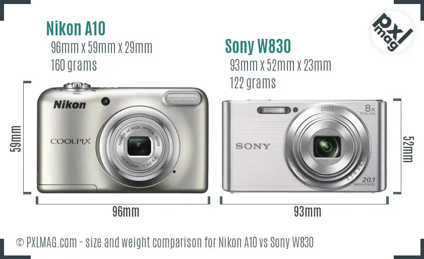 Nikon A10 vs Sony W830 size comparison