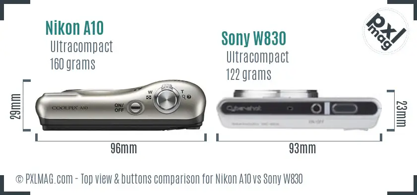 Nikon A10 vs Sony W830 top view buttons comparison