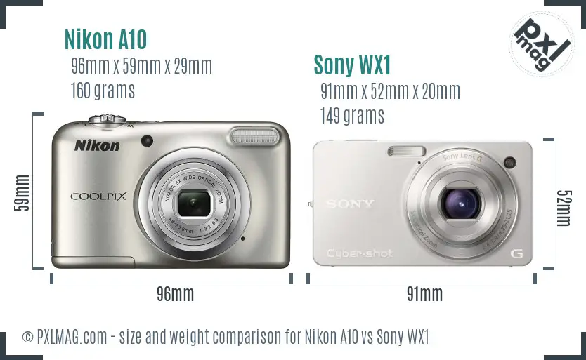 Nikon A10 vs Sony WX1 size comparison