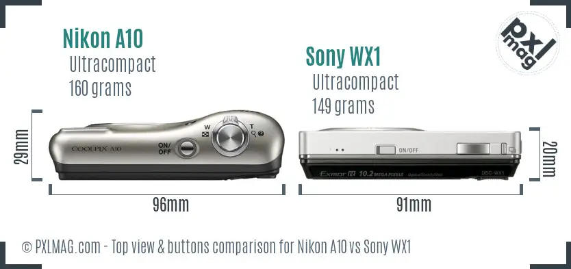 Nikon A10 vs Sony WX1 top view buttons comparison