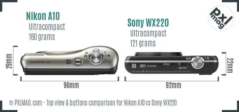 Nikon A10 vs Sony WX220 top view buttons comparison