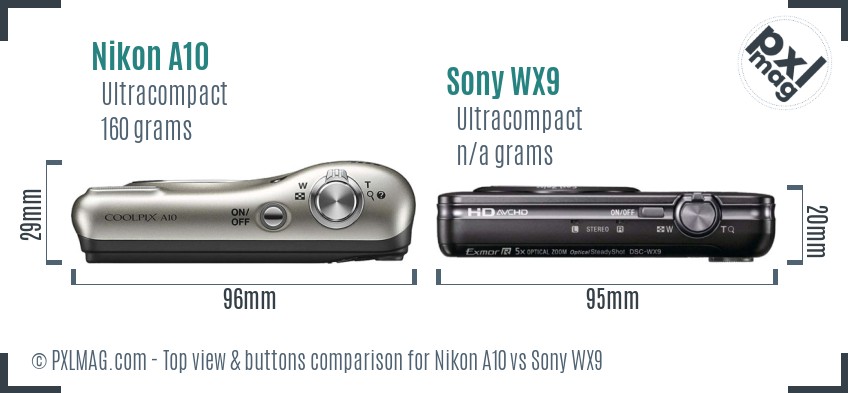 Nikon A10 vs Sony WX9 top view buttons comparison