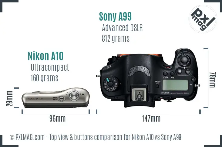 Nikon A10 vs Sony A99 top view buttons comparison
