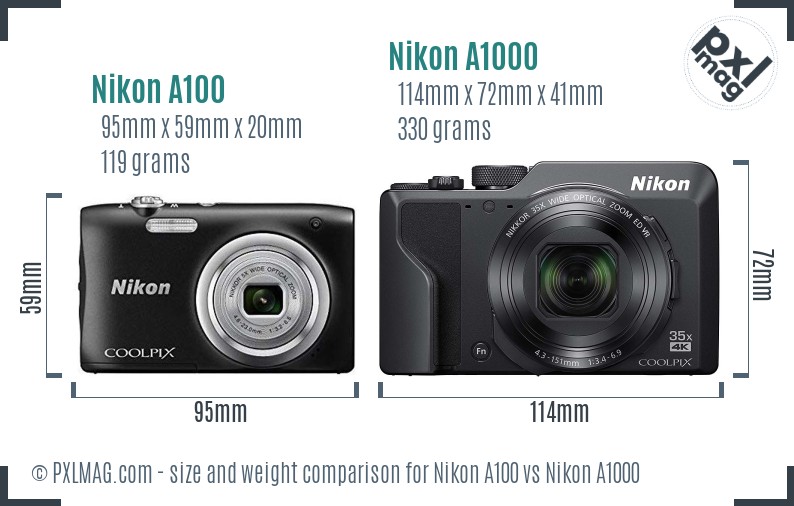 Nikon A100 vs Nikon A1000 size comparison