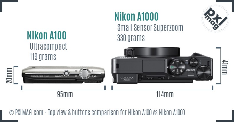Nikon A100 vs Nikon A1000 top view buttons comparison