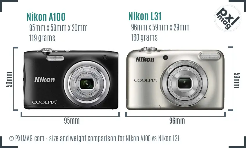 Nikon A100 vs Nikon L31 size comparison