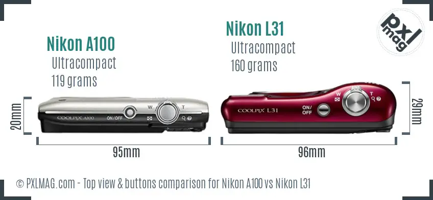 Nikon A100 vs Nikon L31 top view buttons comparison