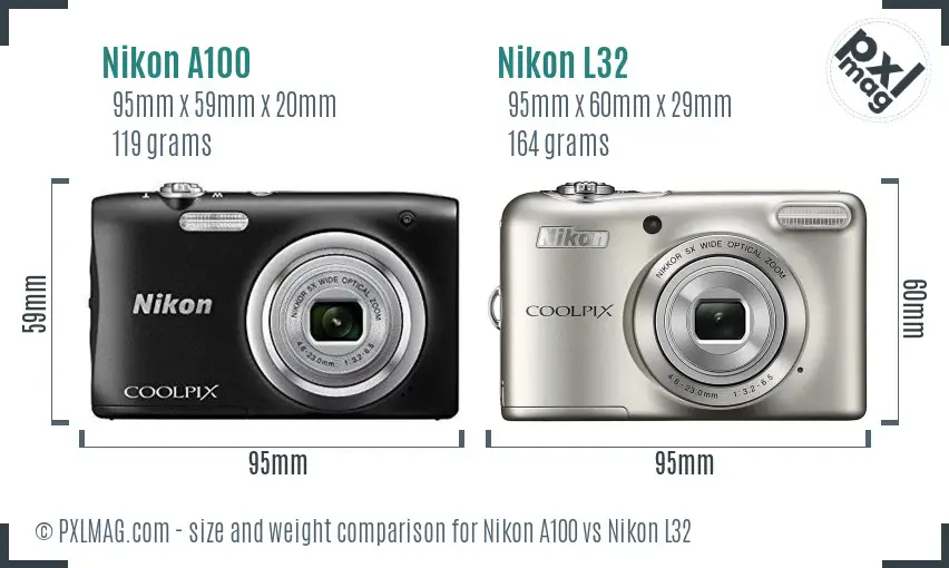Nikon A100 vs Nikon L32 size comparison