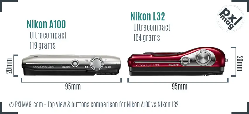 Nikon A100 vs Nikon L32 top view buttons comparison