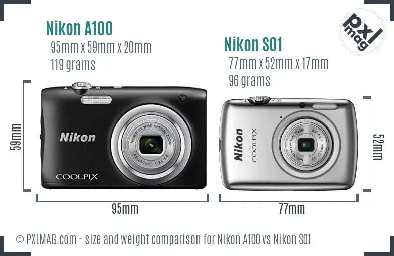 Nikon A100 vs Nikon S01 size comparison