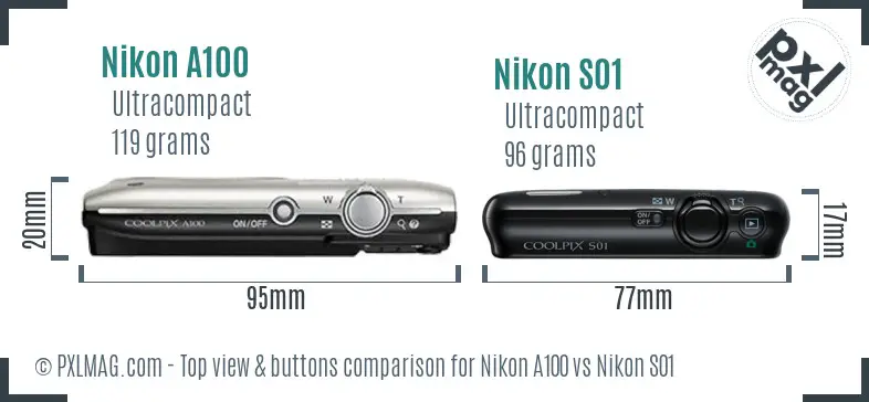 Nikon A100 vs Nikon S01 top view buttons comparison