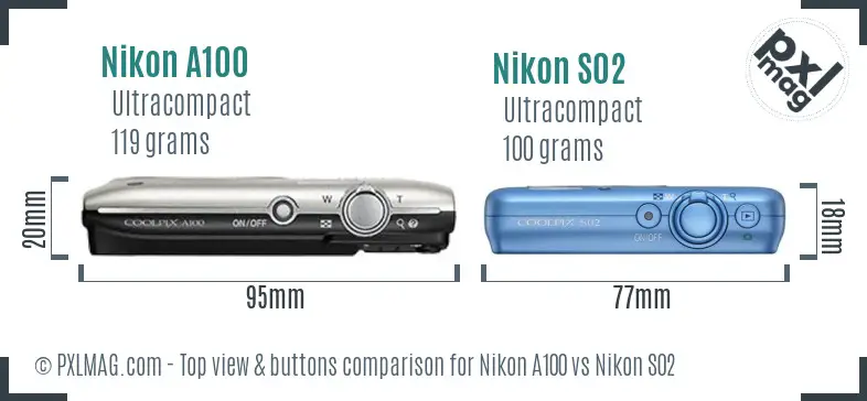 Nikon A100 vs Nikon S02 top view buttons comparison