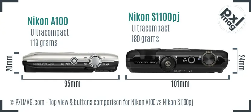 Nikon A100 vs Nikon S1100pj top view buttons comparison