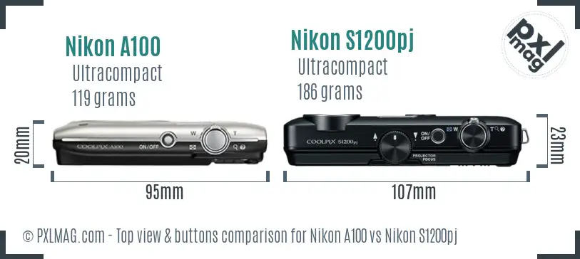 Nikon A100 vs Nikon S1200pj top view buttons comparison
