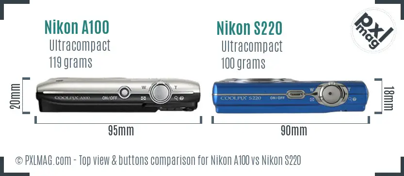 Nikon A100 vs Nikon S220 top view buttons comparison