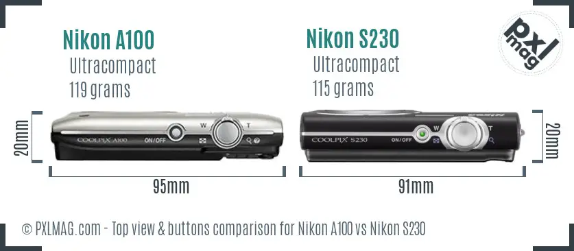 Nikon A100 vs Nikon S230 top view buttons comparison
