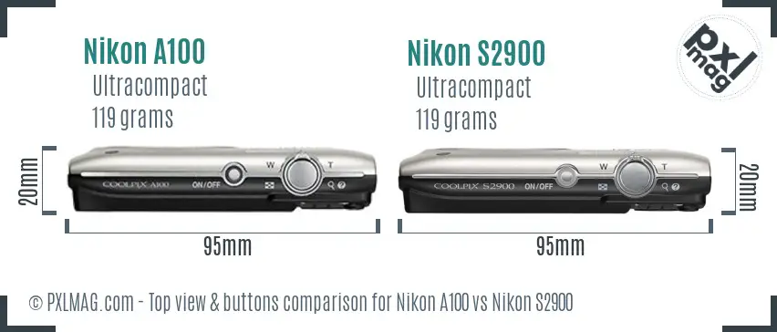 Nikon A100 vs Nikon S2900 top view buttons comparison Nikon A100 vs Nikon S2900 top view buttons comparison