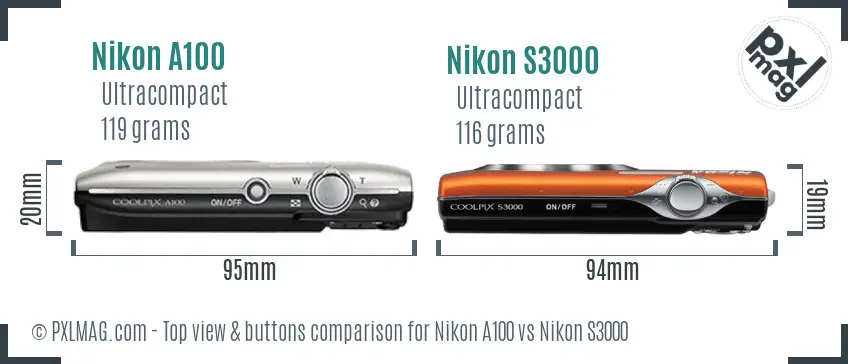 Nikon A100 vs Nikon S3000 top view buttons comparison