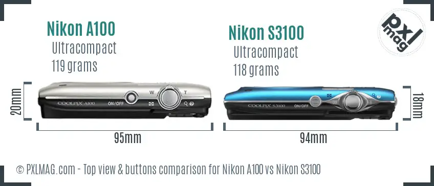 Nikon A100 vs Nikon S3100 top view buttons comparison Nikon A100 vs Nikon S3100 top view buttons comparison