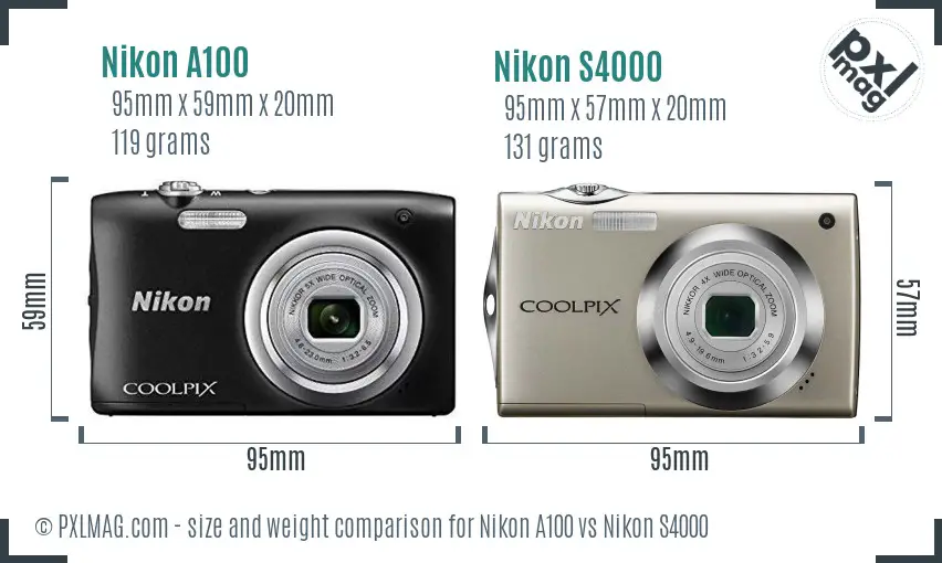 Nikon A100 vs Nikon S4000 size comparison