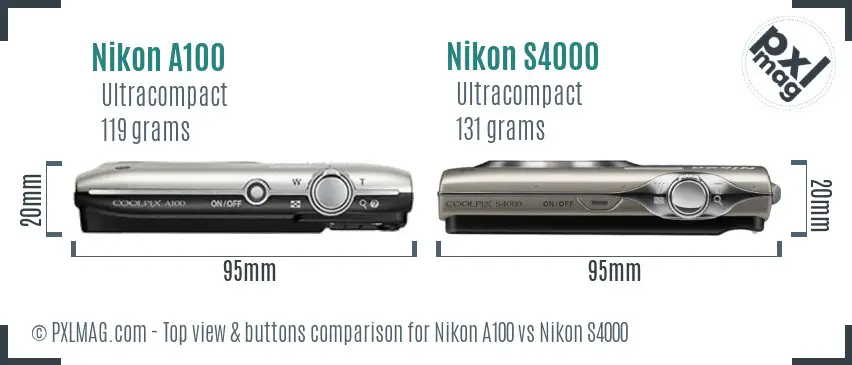Nikon A100 vs Nikon S4000 top view buttons comparison