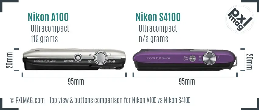 Nikon A100 vs Nikon S4100 top view buttons comparison Nikon A100 vs Nikon S4100 top view buttons comparison