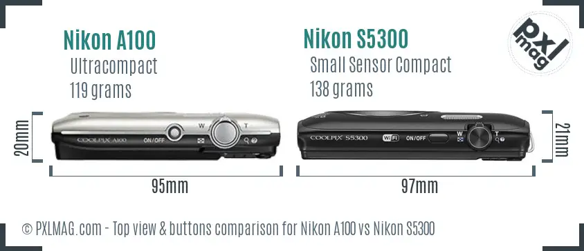 Nikon A100 vs Nikon S5300 top view buttons comparison