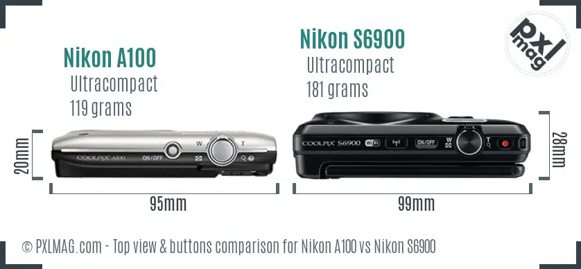 Nikon A100 vs Nikon S6900 top view buttons comparison Nikon A100 vs Nikon S6900 top view buttons comparison