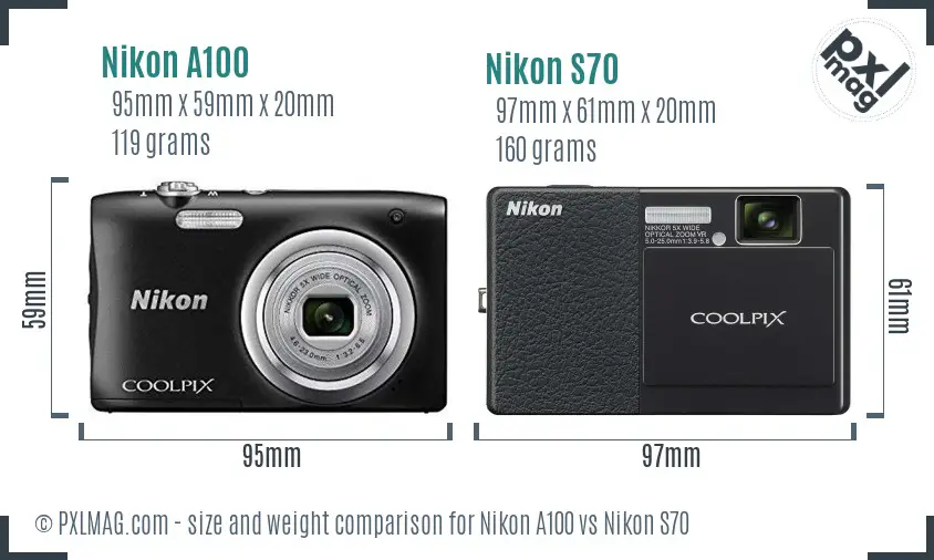 Nikon A100 vs Nikon S70 size comparison