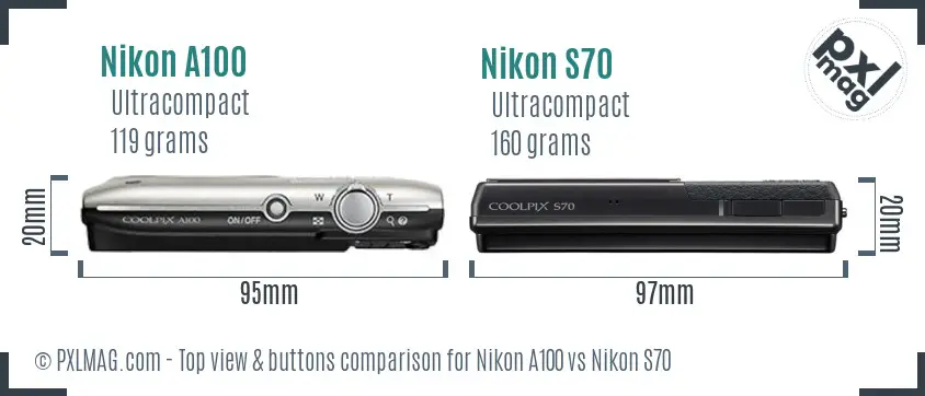 Nikon A100 vs Nikon S70 top view buttons comparison