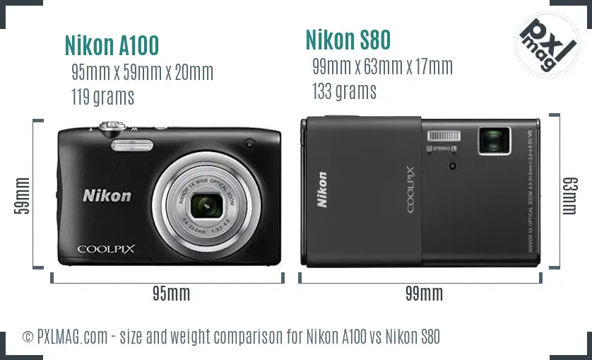 Nikon A100 vs Nikon S80 size comparison