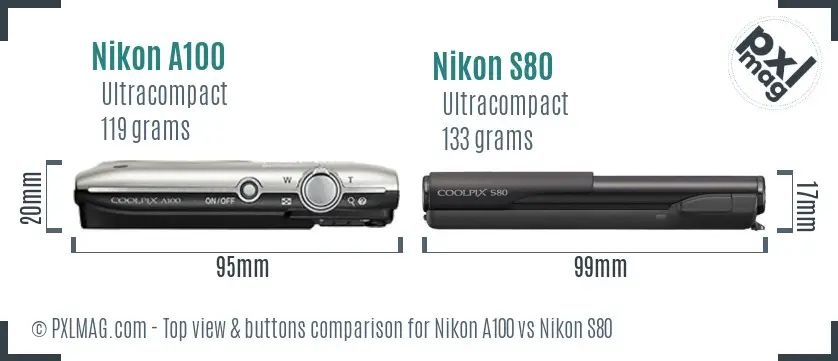 Nikon A100 vs Nikon S80 top view buttons comparison