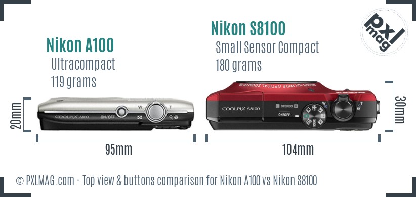 Nikon A100 vs Nikon S8100 top view buttons comparison