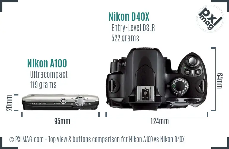 Nikon A100 vs Nikon D40X top view buttons comparison