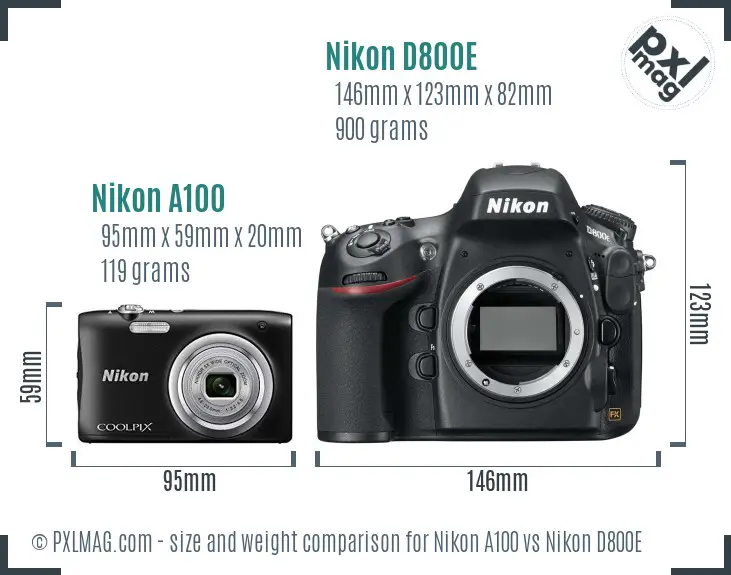 Nikon A100 vs Nikon D800E size comparison
