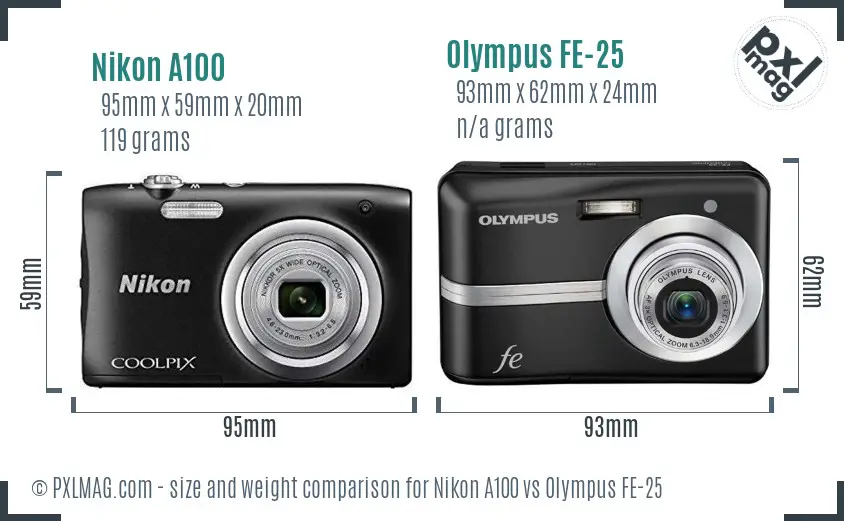Nikon A100 vs Olympus FE-25 size comparison