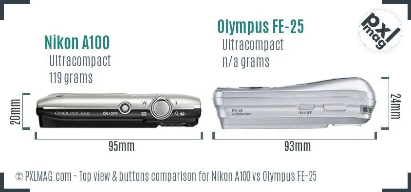 Nikon A100 vs Olympus FE-25 top view buttons comparison