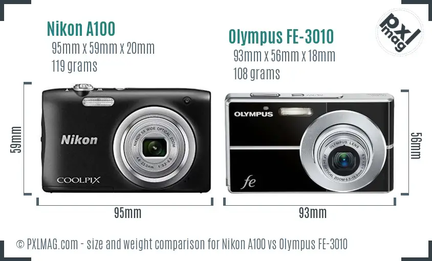 Nikon A100 vs Olympus FE-3010 size comparison