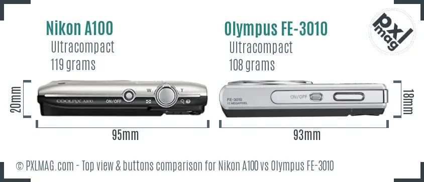 Nikon A100 vs Olympus FE-3010 top view buttons comparison