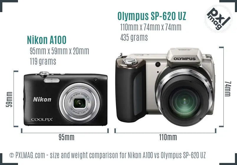 Nikon A100 vs Olympus SP-620 UZ size comparison